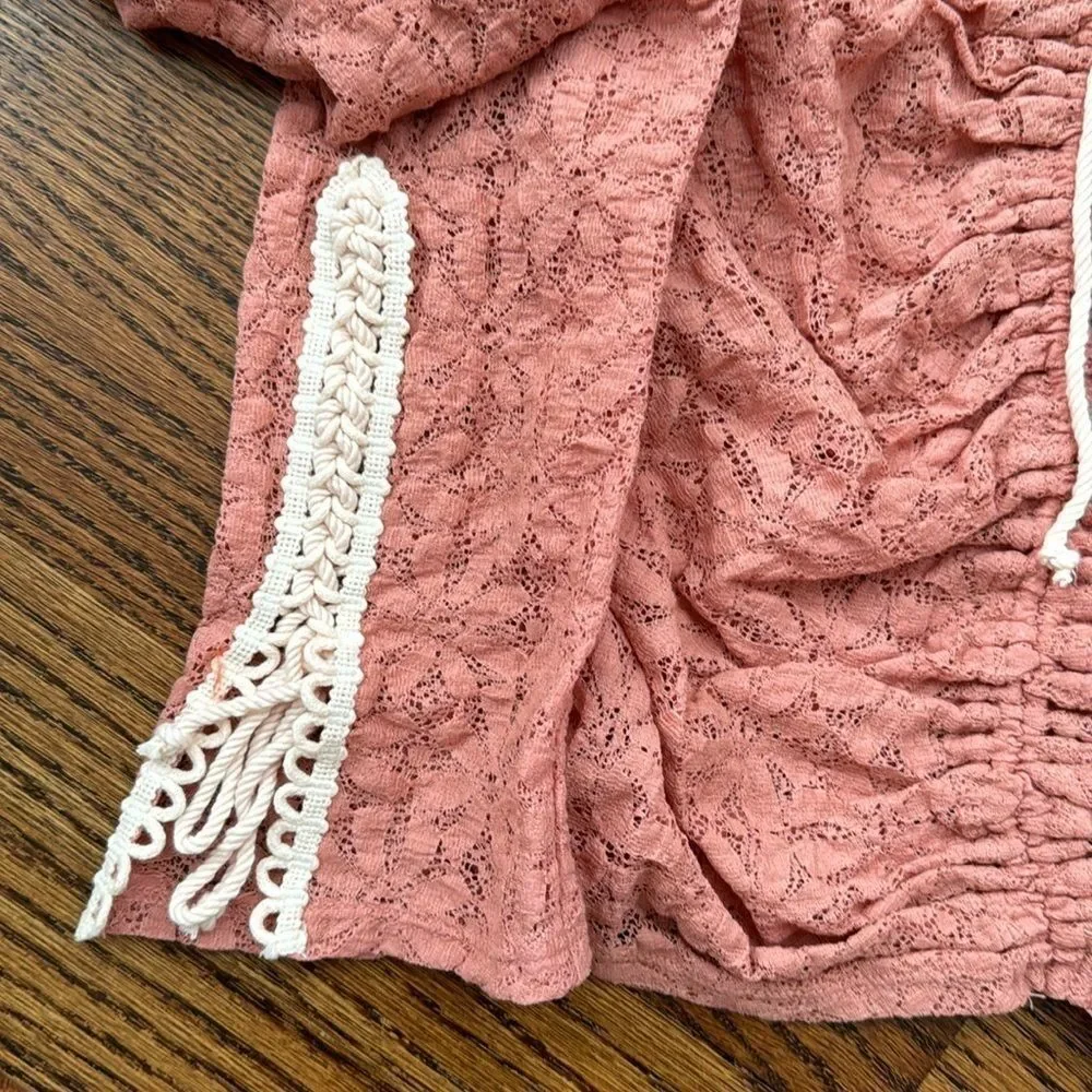 Free People Lilah Dusty Pink Lace Crochet Tie Scrunch Top size small